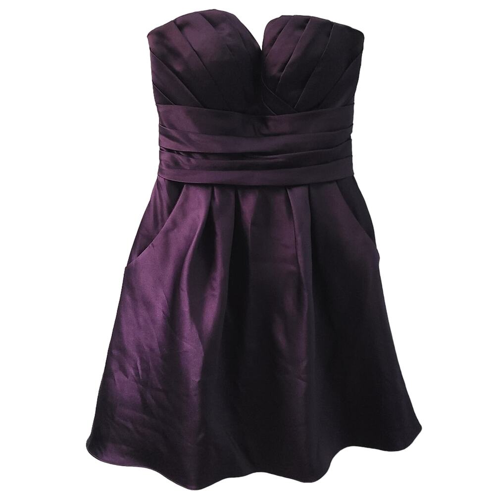 Bill Levkoff Womens Sz 2 Purple Satin Strapless Mini Dress Pleated Flowy Dress